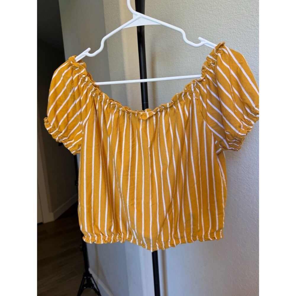 American Eagle Outfitters Mustard Yellow Striped Off-Shoulder Crop Top S